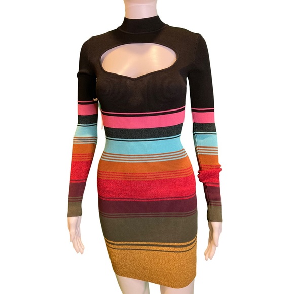 NWT Staud Clara Mosaic Stripe Cutout Ribbed Long Sleeve Sweater Dress - Sz XS - Picture 4 of 10